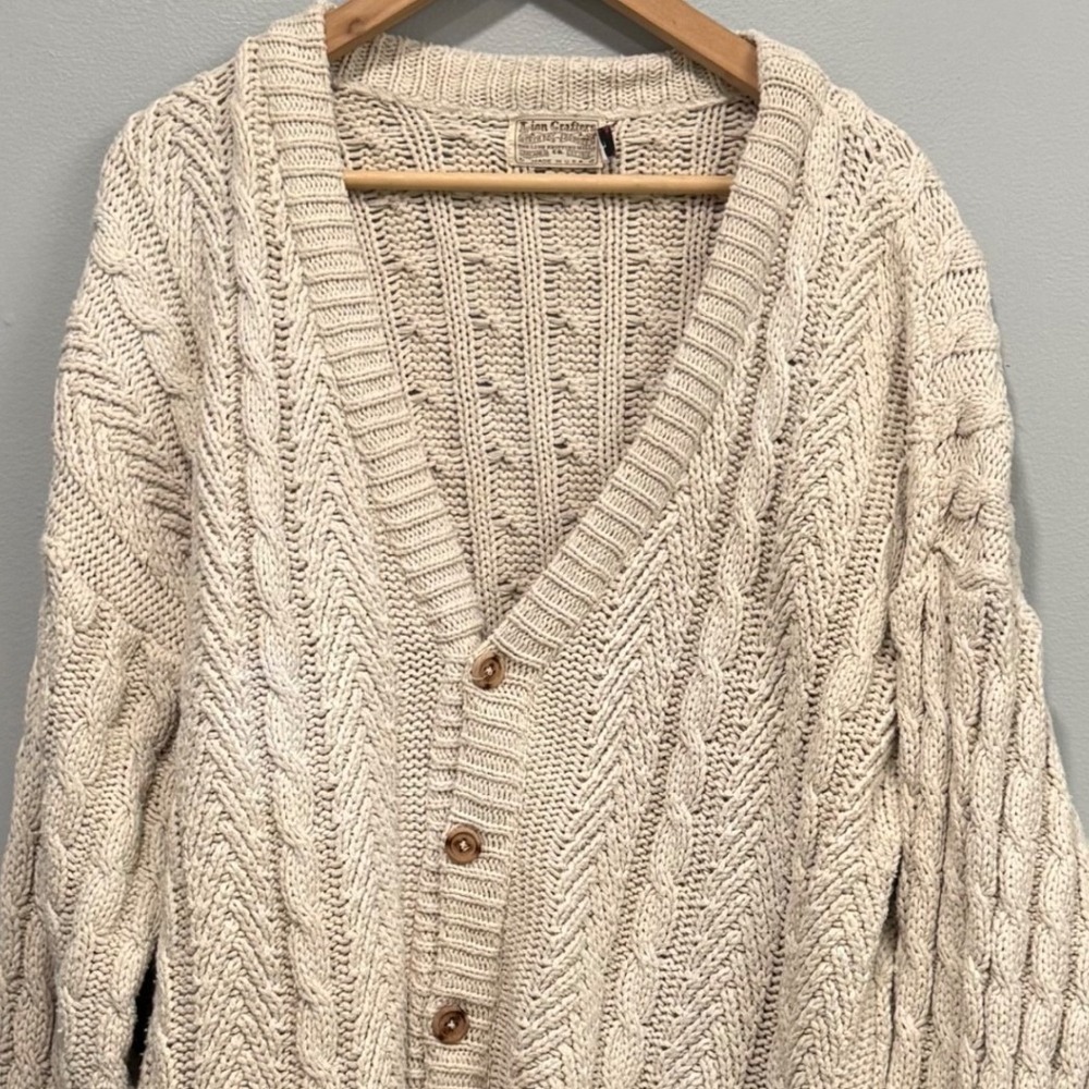 Lion Crafters Vintage Fisherman Cable Knit Cardigan Sweater Cream USA Made L - Picture 2 of 6